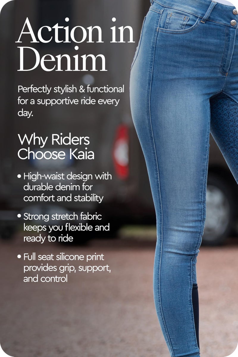 HORZE Kaia Womens Denim Horse Riding Pants | High Waist Silicone Full Seat Breeches - Lead Blue - 32 - Image 5